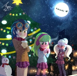 Size: 1100x1089 | Tagged: safe, artist:bluse, indigo zap, lemon zest, sugarcoat, equestria girls, friendship games, blushing, christmas, christmas tree, clothes, coffee, cookie, crystal prep academy uniform, cute, eating, food, glasses, goggles, moon, santa claus, scarf, school uniform, show accurate, snow, snowfall, snowman, tree, winter