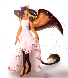 Size: 2689x3070 | Tagged: safe, artist:blackblood-queen, derpibooru import, oc, oc only, oc:daniel dasher, anthro, dracony, hybrid, pegasus, unguligrade anthro, anthro oc, clothes, cloven hooves, crossdressing, dress, leonine tail, male, solo, stallion, wings