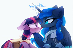 Size: 2485x1617 | Tagged: safe, artist:magnaluna, derpibooru import, princess luna, twilight sparkle, alicorn, pony, boop, cute, daaaaaaaaaaaw, eye contact, female, floppy ears, horn jewelry, jewelry, lesbian, looking at each other, lunabetes, mare, mlem, nomad au, royal multiverse, shipping, silly, simple background, tongue out, twiabetes, twiluna, weapons-grade cute, white background