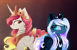 Size: 2313x1486 | Tagged: safe, artist:magnaluna, derpibooru import, princess celestia, princess luna, alicorn, pony, alternate hairstyle, alternate universe, colored wings, cutie mark, duo, female, gradient background, horn, jewelry, looking at each other, multicolored wings, regalia, simple background, wings