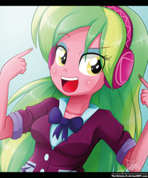 Size: 850x1022 | Tagged: safe, artist:the-butch-x, lemon zest, equestria girls, friendship games, bowtie, breasts, clothes, crystal prep academy, crystal prep academy uniform, crystal prep shadowbolts, female, headphones, long hair, open mouth, school uniform, signature, solo