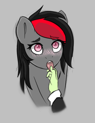 Size: 367x475 | Tagged: safe, artist:owlnon, derpibooru import, oc, oc only, oc:miss eri, earth pony, pony, blushing, cuffs (clothes), disembodied hand, female, finger in mouth, hand, mare, mlem, tongue out
