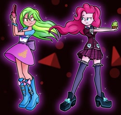 Size: 1143x1088 | Tagged: safe, artist:ohohokapi, part of a set, lemon zest, pinkie pie, equestria girls, friendship games, boots, clothes, clothes swap, crystal prep academy uniform, cupcake, food, headphones, high heel boots, role reversal, school uniform, shoes, skirt, socks