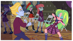 Size: 1510x843 | Tagged: safe, screencap, drama letter, flash sentry, lemon zest, lemonade blues, melon mint, suri polomare, watermelody, equestria girls, friendship games, background human, clothes, confetti, crystal prep academy students, crystal prep academy uniform, dancing, eyes closed, faic, krumping, party, photo, school uniform, smiling, zestblue