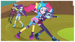 Size: 1507x841 | Tagged: safe, screencap, lemon zest, pinkie pie, rarity, sunny flare, equestria girls, friendship games, outfit, roller derby, roller skates, smiling, sporty style