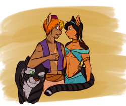 Size: 1397x1176 | Tagged: safe, artist:blackblood-queen, derpibooru import, oc, oc only, oc:daniel dasher, oc:dewberry, oc:singe, anthro, big cat, tiger, abs, anthro oc, couple, crossdressing, disney, freckles, gay, looking back, male, oc x oc, parody, shipping, smiling