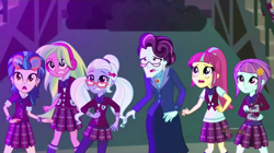 Size: 1280x717 | Tagged: safe, screencap, indigo zap, lemon zest, principal abacus cinch, sour sweet, sugarcoat, sunny flare, equestria girls, friendship games, clothes, crystal prep academy, crystal prep academy uniform, crystal prep shadowbolts, discovery family logo, scared, school uniform, shadow five, worried