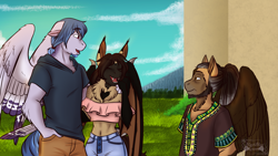 Size: 1600x904 | Tagged: safe, artist:blackblood-queen, derpibooru import, oc, oc only, oc:casey bleu, oc:rasta jam, oc:swift step, anthro, bat pony, hybrid, pegasus, anthro oc, bat pony oc, belly button, bleujam, clothes, eyes closed, fangs, female, floppy ears, male, mare, shirt, shorts, stallion