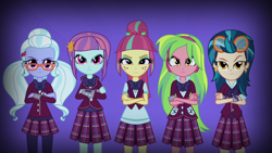 Size: 1280x720 | Tagged: safe, screencap, indigo zap, lemon zest, sour sweet, sugarcoat, sunny flare, equestria girls, friendship games, clothes, crossed arms, crystal prep academy uniform, crystal prep shadowbolts, meme origin, school uniform, shadow five, shadowbolt comments, unleash the magic