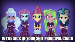 Size: 888x499 | Tagged: safe, edit, edited screencap, screencap, indigo zap, lemon zest, sour sweet, sugarcoat, sunny flare, equestria girls, friendship games, crystal prep academy, image macro, meme, shadow five, shadowbolt comments, text, unleash the magic, vulgar