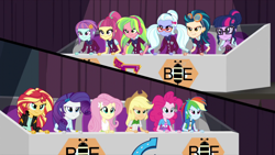 Size: 1280x720 | Tagged: safe, screencap, applejack, fluttershy, indigo zap, lemon zest, pinkie pie, rainbow dash, rarity, sci-twi, sour sweet, sugarcoat, sunny flare, sunset shimmer, twilight sparkle, acadeca, equestria girls, friendship games, crystal prep academy, crystal prep shadowbolts, shadow five, spelling bee, wondercolts