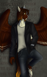 Size: 1397x2262 | Tagged: safe, artist:blackblood-queen, derpibooru import, oc, oc only, oc:dusk flame, anthro, unguligrade anthro, anthro oc, clothes, hand in pocket, jacket, leaning, male, pants, shirt, solo, stallion