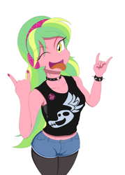 Size: 2505x3500 | Tagged: safe, artist:janji009, lemon zest, equestria girls, friendship games, armpits, bra, choker, clothes, devil horn (gesture), midriff, one eye closed, piercing, rock on, shorts, solo, tanktop, tongue out, tongue piercing, underwear, wink