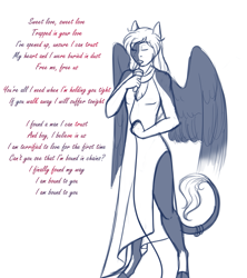 Size: 1691x1908 | Tagged: safe, artist:blackblood-queen, derpibooru import, oc, oc only, oc:daniel dasher, anthro, dracony, hybrid, pegasus, unguligrade anthro, anthro oc, clothes, cloven hooves, crossdressing, crossover, crossover shipping, dress, eyes closed, leonine tail, male, monochrome, shipping, simple background, sketch, solo, stallion, white background