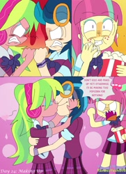 Size: 2562x3543 | Tagged: safe, artist:rainbowyoshi305, indigo zap, lemon zest, sour sweet, equestria girls, friendship games, angry, clothes, comic, crystal prep academy uniform, eating, female, food, kissing, lemonzap, lesbian, popcorn, school uniform, shipping, story in the source