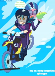 Size: 2562x3543 | Tagged: safe, artist:rainbowyoshi305, indigo zap, lemon zest, equestria girls, friendship games, female, helmet, jesus christ, lemonzap, lesbian, motorcross, motorcycle, riding in tandem, shipping, water