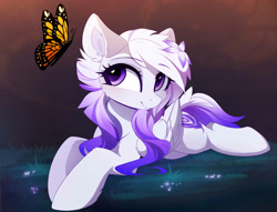Size: 2050x1566 | Tagged: safe, artist:magnaluna, derpibooru import, oc, oc only, oc:cloud cover, butterfly, pegasus, pony, cute, female, flower, flower in hair, grass, grass field, looking at something, lying down, mare, night, prone, smiling, solo