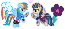 Size: 3957x1801 | Tagged: safe, artist:meganlovesangrybirds, indigo zap, rainbow dash, equestria girls, friendship games, bowtie, canterlot high, clothes, crystal prep academy, crystal prep academy uniform, crystal prep shadowbolts, cutie mark, ear piercing, equestria girls outfit, equestria girls ponified, floating, goggles, inkscape, logo, looking at each other, piercing, pleated skirt, ponified, school uniform, signature, simple background, skirt, transparent background, vector, versus, wondercolts, wristband