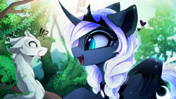 Size: 3247x1832 | Tagged: safe, artist:magnaluna, derpibooru import, princess luna, oc, oc:zefiroth, alicorn, dragon, pony, alternate universe, cute, cute little fangs, duo, ethereal mane, exclamation point, fangs, female, heart, male, mare, open mouth, question mark, zefiros codex