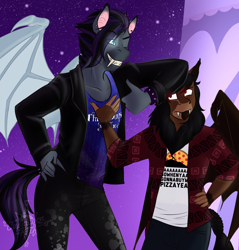 Size: 1280x1341 | Tagged: safe, artist:blackblood-queen, derpibooru import, oc, oc only, oc:octavus, oc:orpheus, anthro, bat pony, anthro oc, bat pony oc, clothes, ear piercing, fangs, male, mantipony, mantipony oc, night, pants, piercing, shirt, stallion, stars, story in the source