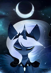 Size: 1280x1845 | Tagged: safe, artist:magnaluna, derpibooru import, princess luna, alicorn, pony, alternate universe, beautiful, bust, color porn, crescent moon, cute, ethereal mane, eyes closed, lunabetes, moon, night, scenery, solo, spread wings, wings, zefiros codex