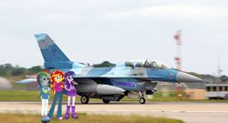 Size: 970x523 | Tagged: safe, indigo zap, rainbow dash, sunset shimmer, trixie, twilight sparkle, equestria girls, aircraft, crystal prep academy, crystal prep shadowbolts, equestria girls in real life, f-16 fighting falcon, fanfic art, irl, jet, jet fighter, photo, photoshop