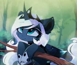 Size: 1280x1078 | Tagged: safe, artist:magnaluna, derpibooru import, princess luna, alicorn, pony, alternate universe, beautiful, colored wings, colored wingtips, curved horn, cute, daaaaaaaaaaaw, ear fluff, ethereal mane, flowing mane, forest, looking at you, lunabetes, scenery, solo, zefiros codex