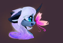 Size: 1280x881 | Tagged: safe, artist:magnaluna, derpibooru import, princess luna, alicorn, butterfly, pony, alternate design, alternate hairstyle, beautiful, bust, butterfly on nose, chest fluff, color porn, curved horn, cute, daaaaaaaaaaaw, ear fluff, happy, insect on nose, looking at something, lunabetes, missing accessory, open mouth, simple background, solo, wingding eyes, zefiros codex