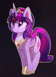 Size: 1280x1753 | Tagged: safe, alternate version, artist:magnaluna, derpibooru import, twilight sparkle, twilight sparkle (alicorn), alicorn, pony, spider, adoracreepy, alternate hairstyle, colored wings, colored wingtips, creepy, cute, female, jewelry, looking at something, mare, regalia, simple background, solo, wingding eyes