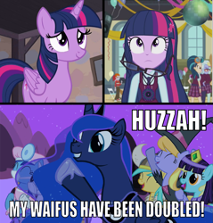 Size: 1461x1529 | Tagged: safe, screencap, heath burns, indigo zap, princess luna, sci-twi, sugarcoat, twilight sparkle, twilight sparkle (alicorn), pony, equestria girls, friendship games, background human, background pony, cute, image macro, implied twiluna, magic capture device, meme, the fun has been doubled, waifu