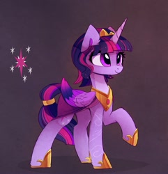 Size: 1280x1328 | Tagged: safe, alternate version, artist:magnaluna, derpibooru import, twilight sparkle, twilight sparkle (alicorn), alicorn, pony, alternate hairstyle, hoof shoes, jewelry, raised hoof, regalia, solo