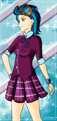 Size: 633x1356 | Tagged: safe, artist:limedazzle, indigo zap, equestria girls, friendship games, clothes, crystal prep academy uniform, goggles, pleated skirt, school uniform, skirt, solo, wristband