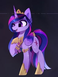 Size: 1280x1699 | Tagged: safe, alternate version, artist:magnaluna, derpibooru import, twilight sparkle, twilight sparkle (alicorn), alicorn, pony, colored wings, colored wingtips, cute, female, hoof shoes, jewelry, looking at something, mare, older, older twilight, one eye closed, regalia, solo, twiabetes, ultimate twilight, wink