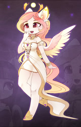 Size: 1231x1920 | Tagged: safe, alternate version, artist:magnaluna, derpibooru import, princess celestia, anthro, unguligrade anthro, ambiguous facial structure, bracelet, breasts, cleavage, clothes, dress, ear fluff, female, jewelry, open mouth, princess breastia, regalia, smiling, solo