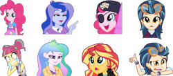 Size: 6797x3000 | Tagged: safe, artist:ambassad0r, indigo zap, pinkie pie, princess celestia, princess luna, principal celestia, sour sweet, sunset shimmer, vice principal luna, equestria girls, friendship games, absurd resolution, canterlot high, clothes, crystal prep academy, crystal prep academy uniform, crystal prep shadowbolts, derp, ear piercing, eyelid pull, eyepatch, gloves, goggles, open mouth, piercing, raised eyebrow, school uniform, simple background, skirt, sour rage, transparent background, vector, wondercolts, wristband