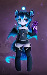 Size: 1214x1920 | Tagged: safe, alternate version, artist:magnaluna, derpibooru import, princess luna, anthro, unguligrade anthro, ambiguous facial structure, bat wings, breasts, choker, clothes, corset, dress, evening gloves, female, gloves, knife, long gloves, looking at something, magic, magic orb, nail polish, scabbard, smiling, socks, solo, thigh highs, zettai ryouiki