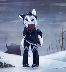 Size: 1471x1600 | Tagged: safe, artist:magnaluna, derpibooru import, princess luna, alicorn, anthro, alternate design, ambiguous facial structure, boots, clothes, ear fluff, female, mare, scarf, scenery, shoes, snow, snowfall, solo, tree