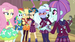 Size: 1280x720 | Tagged: safe, screencap, applejack, fluttershy, indigo zap, neon lights, rainbow dash, rising star, sugarcoat, sunny flare, equestria girls, friendship games, clothes, crystal prep academy uniform, dress, leggings, pantyhose, pleated skirt, school uniform, skirt, socks