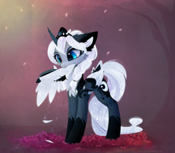 Size: 2118x1858 | Tagged: safe, artist:magnaluna, derpibooru import, princess luna, alicorn, pony, alternate design, alternate hairstyle, alternate universe, body markings, colored wings, colored wingtips, cute, daaaaaaaaaaaw, grooming, jewelry, leaves, lunabetes, preening, regalia, scenery, solo, tree, weapons-grade cute, zefiros codex