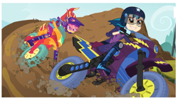 Size: 1501x842 | Tagged: safe, screencap, indigo zap, sunset shimmer, equestria girls, friendship games, dirt, motorcross, motorcycle, smiling