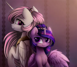 Size: 2571x2245 | Tagged: safe, alternate version, artist:magnaluna, derpibooru import, princess celestia, twilight sparkle, twilight sparkle (alicorn), alicorn, pony, alternate hair color, alternate hairstyle, chest fluff, ear fluff, female, horn, mare, peytral, pink-mane celestia, smiling, tiara, wings