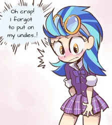 Size: 480x537 | Tagged: safe, artist:k-nattoh, indigo zap, equestria girls, friendship games, blushing, bottomless, clothes, commando, crystal prep academy uniform, embarrassed, female, goggles, no panties, pixiv, school uniform, solo, vulgar