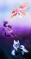 Size: 2478x4677 | Tagged: safe, artist:magnaluna, derpibooru import, edit, princess celestia, princess luna, twilight sparkle, twilight sparkle (alicorn), alicorn, pony, alternate design, ethereal mane, female, flying, gradient background, mare, peytral, pink-mane celestia, swirly markings, trio, wing claws