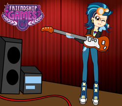 Size: 1300x1136 | Tagged: safe, artist:animekid0839, indigo zap, equestria girls, friendship games, alternate costumes, concert, curtains, electric guitar, guitar, left handed, solo