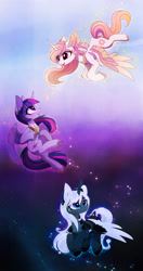 Size: 2478x4677 | Tagged: safe, alternate version, artist:magnaluna, derpibooru import, princess celestia, princess luna, twilight sparkle, twilight sparkle (alicorn), alicorn, pony, alternate design, ethereal mane, eye contact, female, flying, gradient background, looking at each other, mare, peytral, pink-mane celestia, swirly markings, trio, wing claws