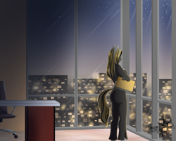 Size: 1557x1246 | Tagged: safe, artist:blackblood-queen, derpibooru import, oc, oc:golden delicious, anthro, earth pony, anthro oc, clothes, female, folder, mare, smiling, solo, story in the source, window