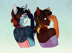 Size: 1916x1428 | Tagged: safe, artist:blackblood-queen, derpibooru import, oc, oc:annie belle, oc:daniel dasher, anthro, dracony, hybrid, brother and sister, clothes, curved horn, female, glasses, looking back, male, mare, off shoulder, siblings, slit eyes, stallion, sunglasses