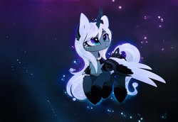 Size: 2478x1700 | Tagged: safe, artist:magnaluna, derpibooru import, princess luna, alicorn, pony, better source needed, collar, cute, female, flying, horn, lunabetes, regal, solo, stars, wings