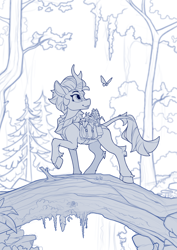 Size: 1680x2370 | Tagged: safe, artist:yakovlev-vad, derpibooru import, autumn blaze, butterfly, kirin, female, forest, quadrupedal, raised hoof, saddle bag, sketch, smiling, solo, tree