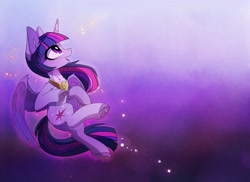 Size: 2478x1807 | Tagged: safe, artist:magnaluna, derpibooru import, twilight sparkle, twilight sparkle (alicorn), alicorn, pony, cute, cutie mark, female, flying, heart, heart hoof, horn, mare, open mouth, peytral, smiling, solo, twiabetes, wings